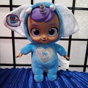 ZURU Babycorns Unicorn Baby Doll Dark Skin Silver Horn Purple Hair Blue Hood 9"